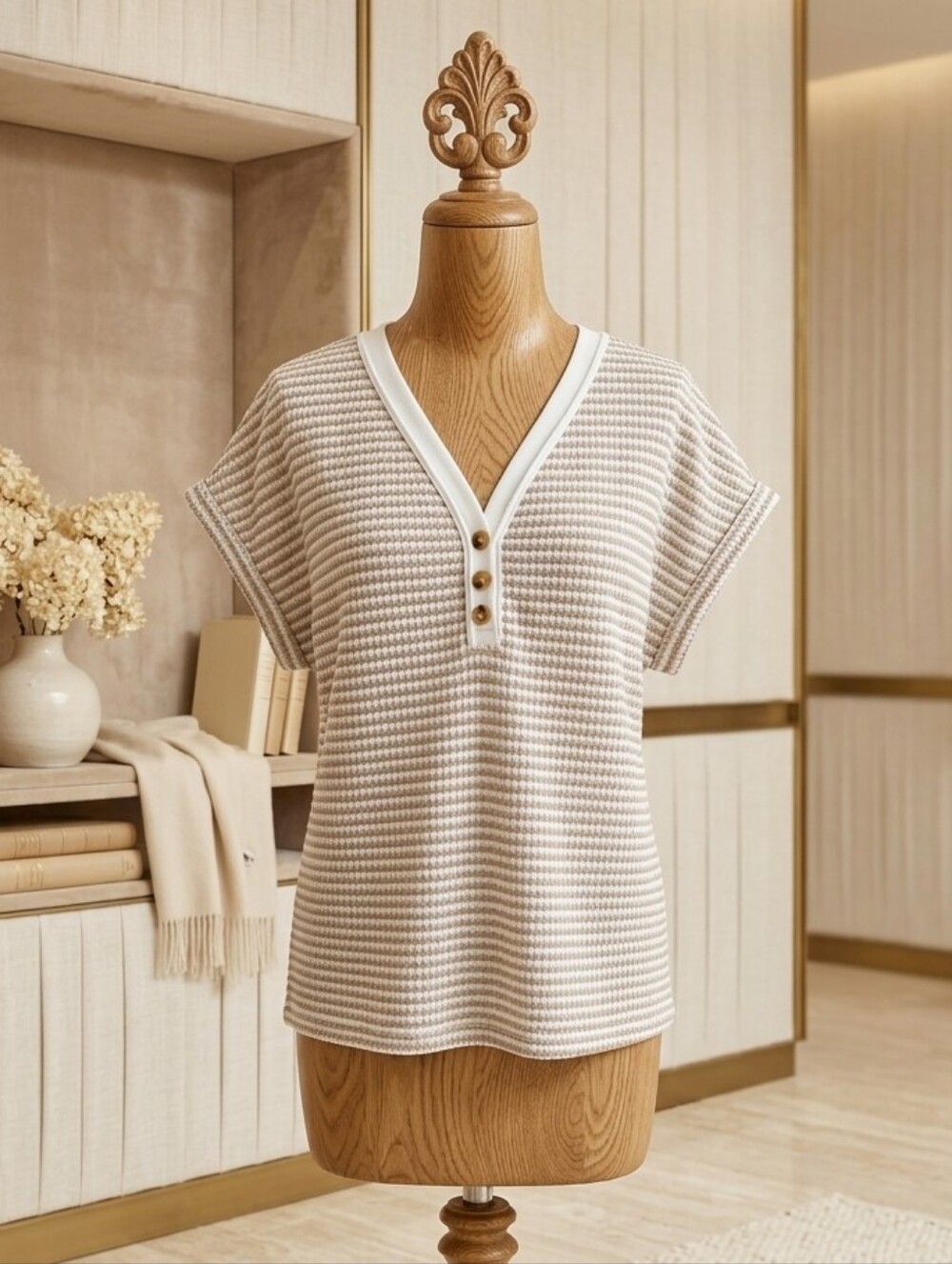 SHEIN Beige & Cream Striped Waffle Knit V-Neck Top Size Large
